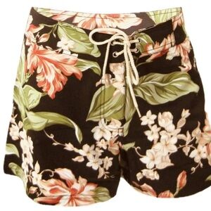 Ketchikan Floral Lace-Up Women’s Tropical Board Shorts - Brown/Green/Pink